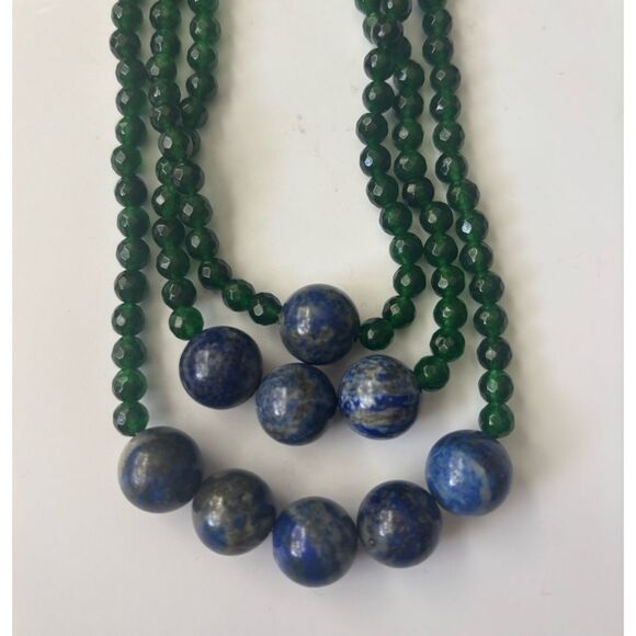 Vintage Natural 3 Strand Onyx / Lapis Lazurel Round Beads Necklace - Picture 6 of 9